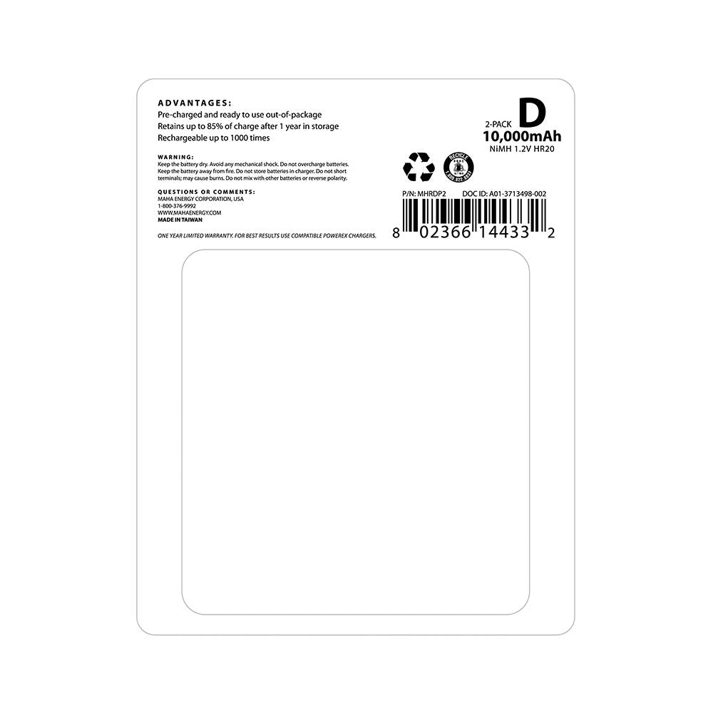 Rechargeable NiMH D Batteries 2-pack D38691