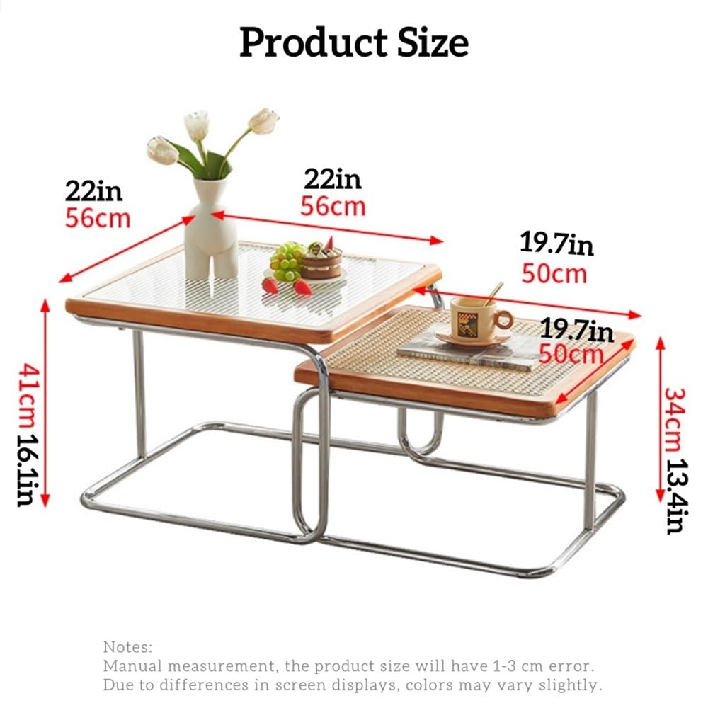 Square Nesting Coffee Table Set of 2 Wooden Rattan Glass Brown U90865