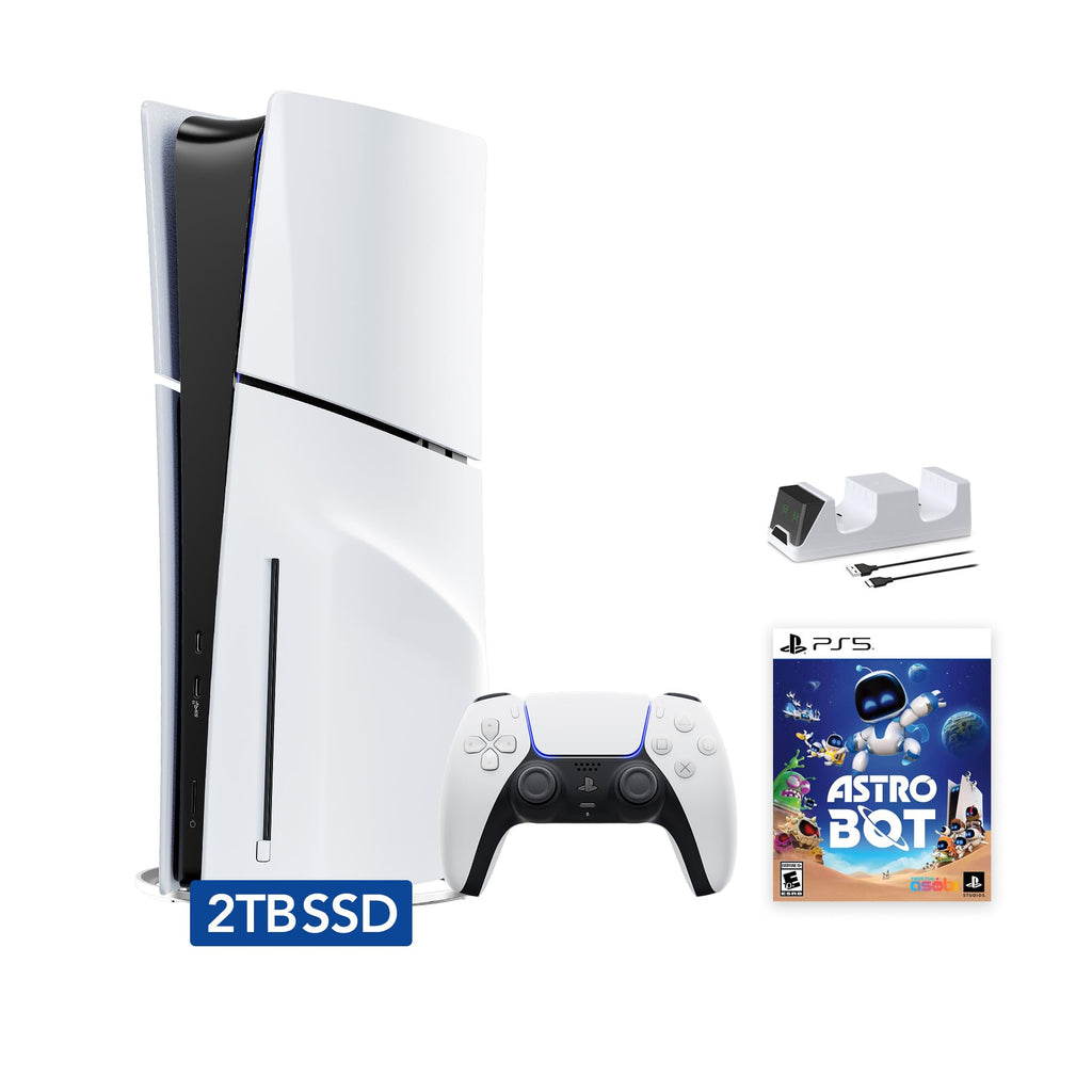 White PlayStation 5 Slim Disc 2TB SSD Console Bundle with Dual-Controller Charger L8661