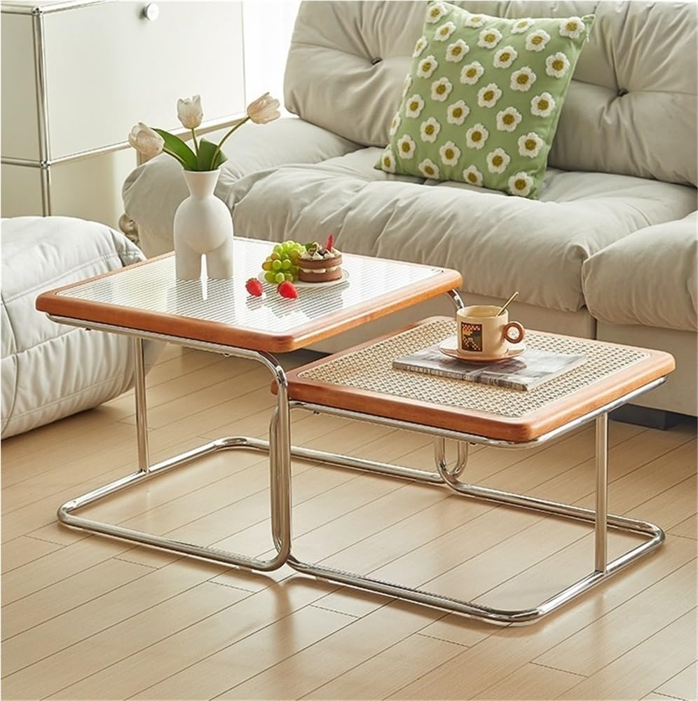 Square Nesting Coffee Table Set of 2 Wooden Rattan Glass Brown U90865