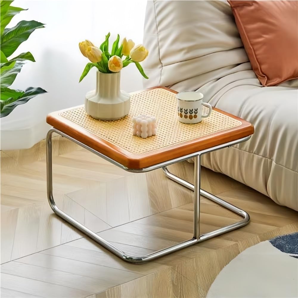 Square Nesting Coffee Table Set of 2 Wooden Rattan Glass Brown U90865