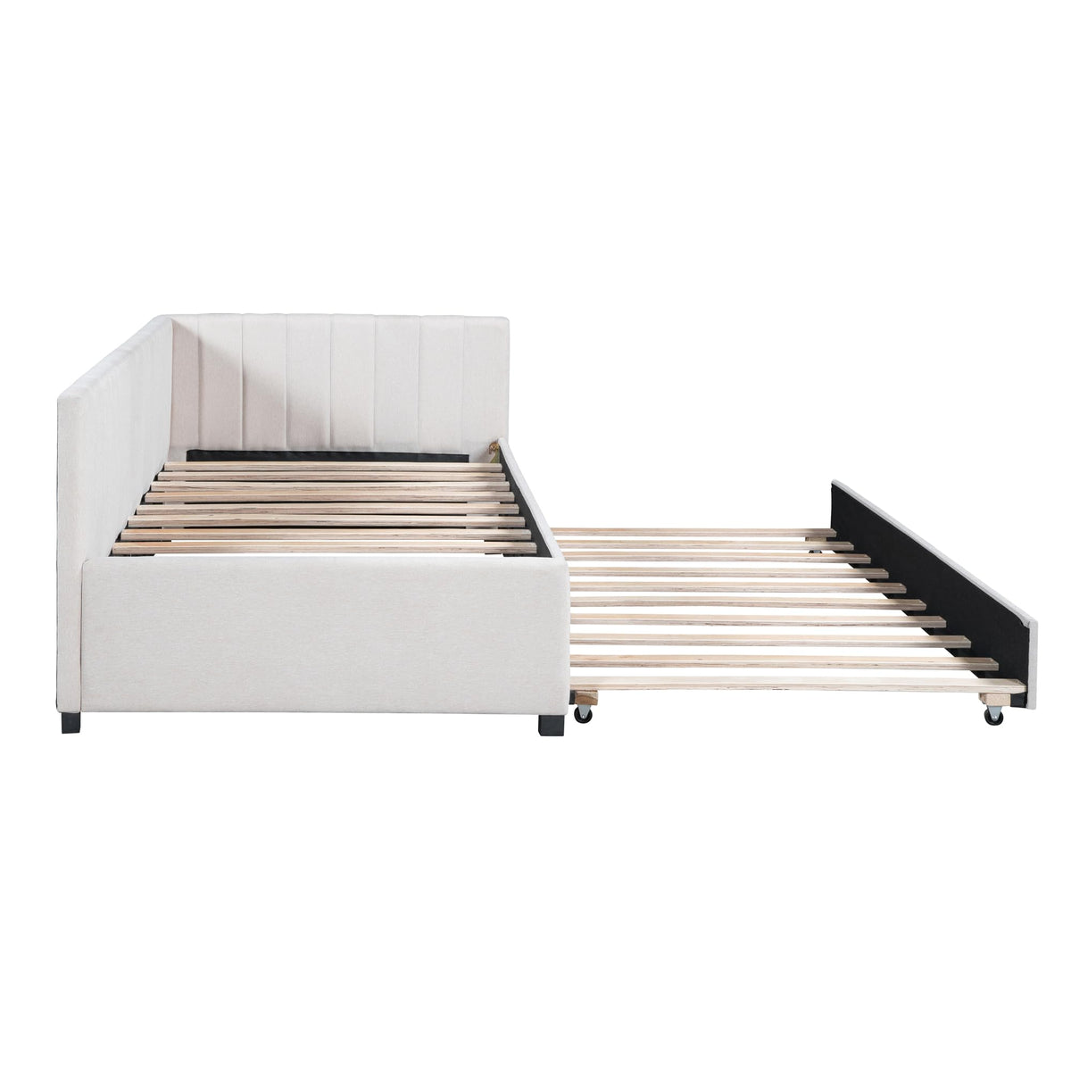 Beige Linen Upholstered Daybed with Trundle Twin Size D115