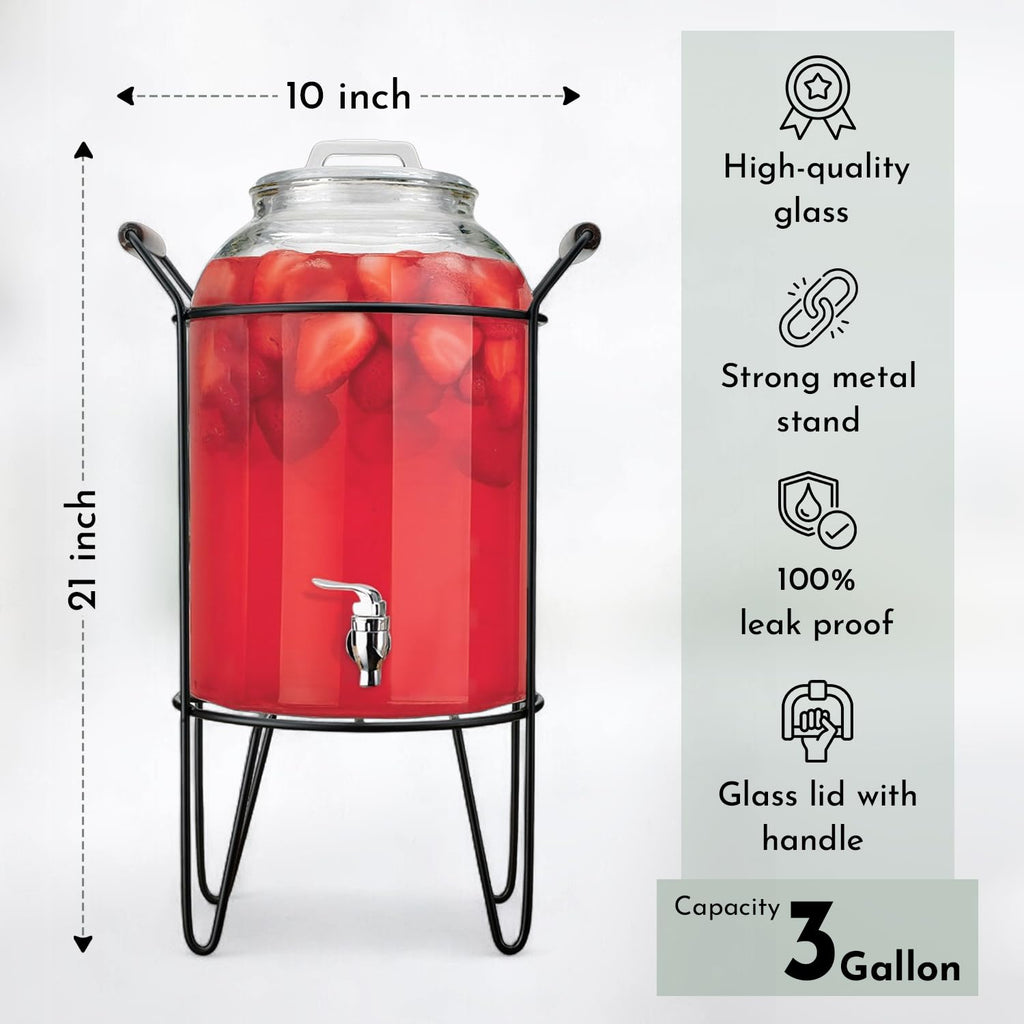 3 Gallon Glass Beverage Dispenser with Glass Lid and Metal Stand G3056