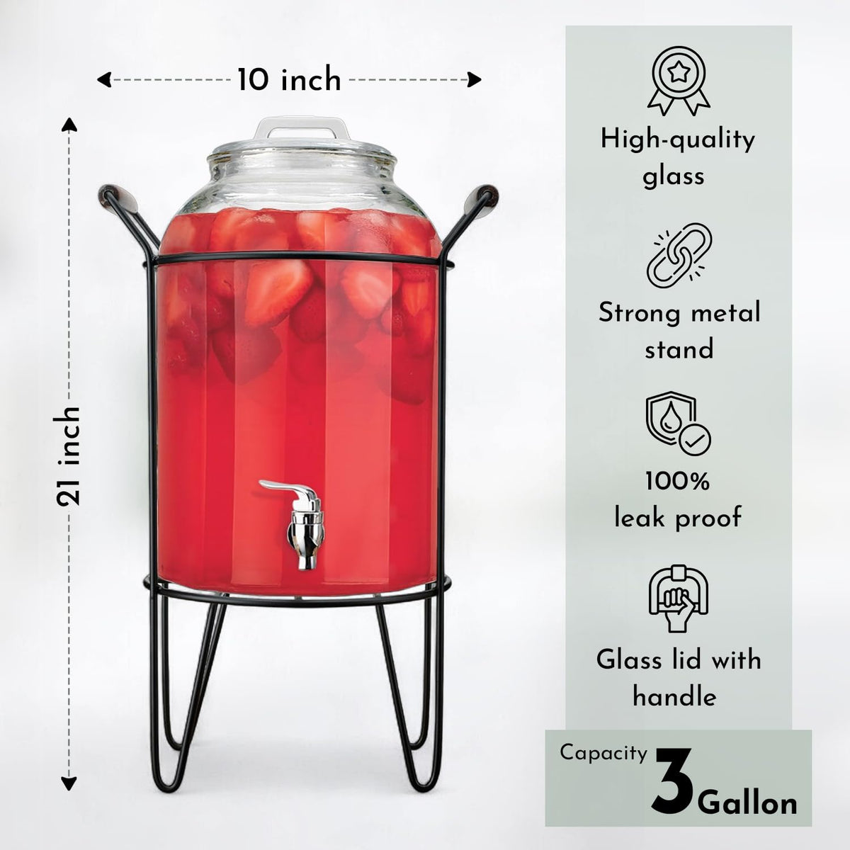 3 Gallon Glass Beverage Dispenser with Glass Lid and Metal Stand G3056