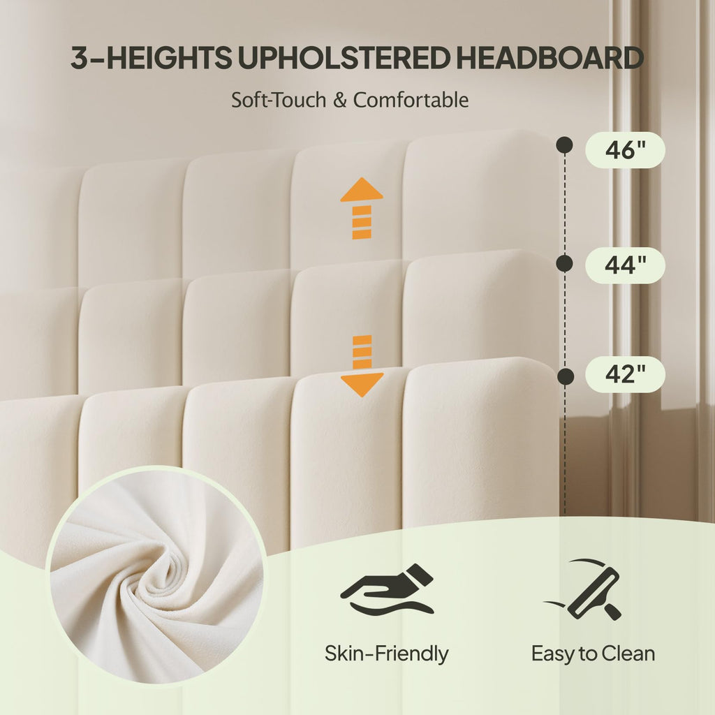 White Full Size Upholstered Bed Frame with Headboard & 4 Drawers M419