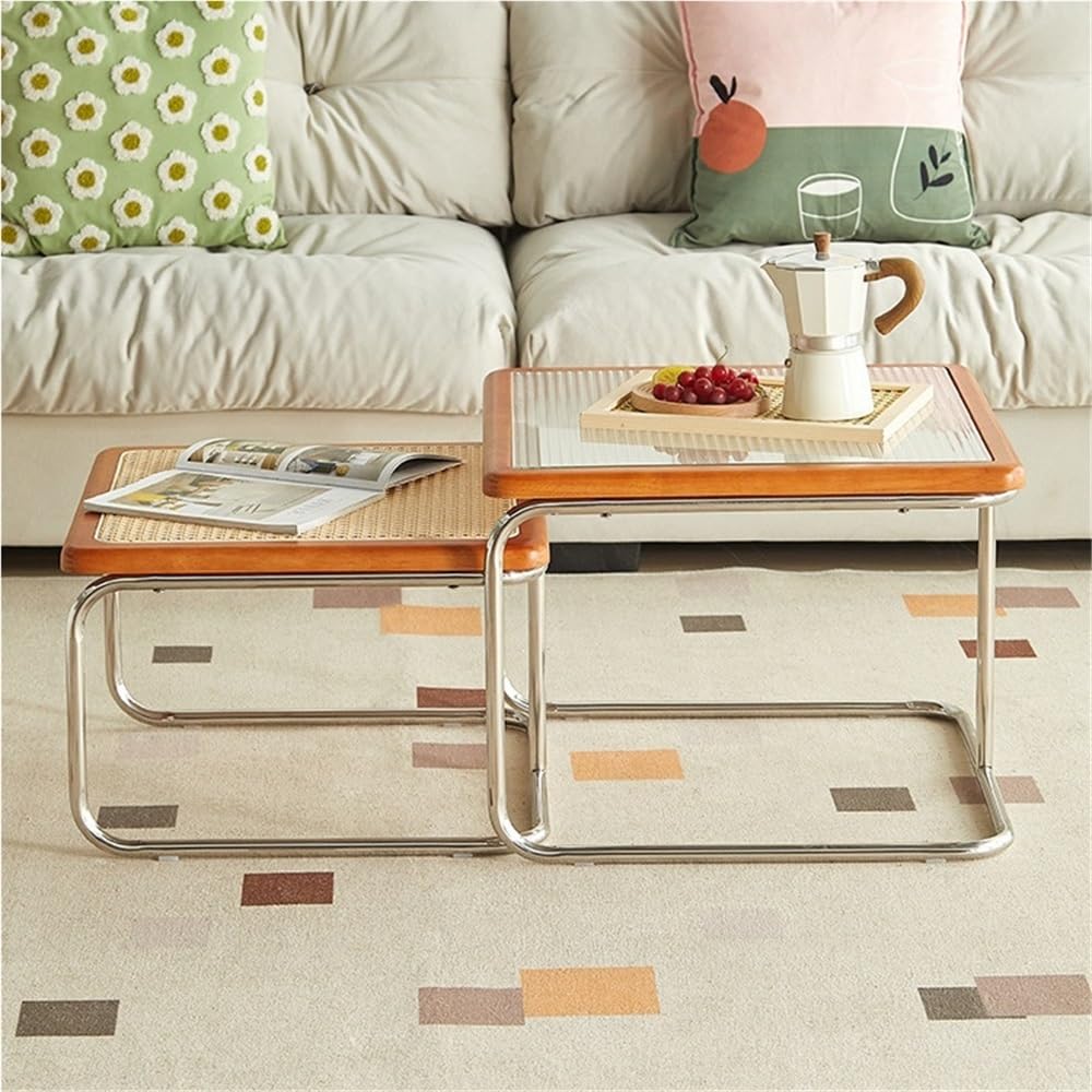 Square Nesting Coffee Table Set of 2 Wooden Rattan Glass Brown U90865