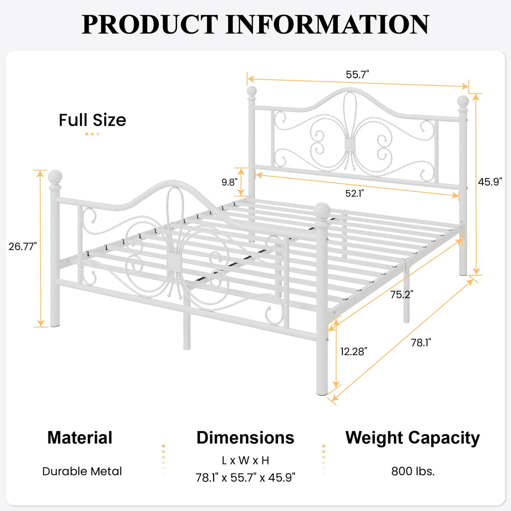 Full Size White Metal Bed Frame with Headboard V6013