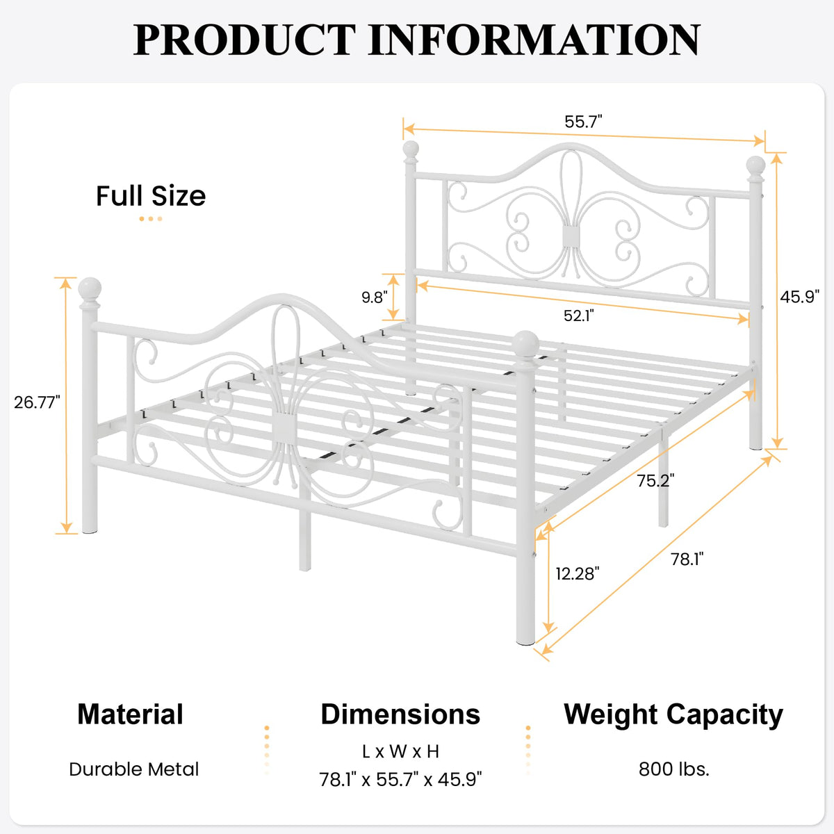 Full Size White Metal Bed Frame with Headboard V6013