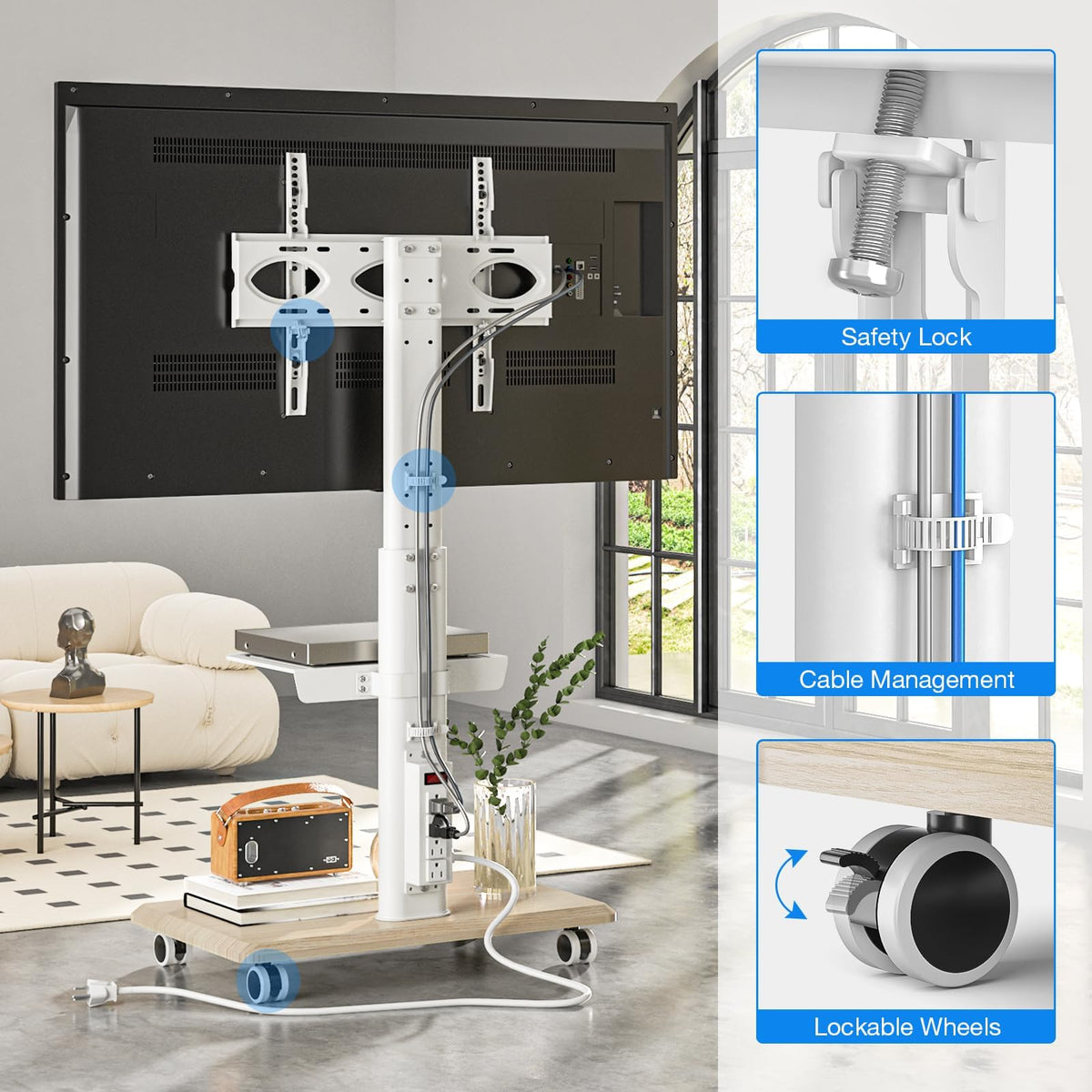 White Height Adjustable Rolling TV Stand for 32-75 Inch TVs Z362