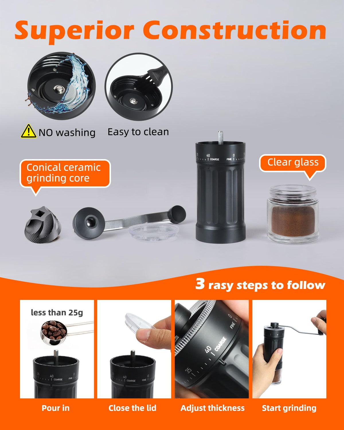 Manual Ceramics Burr Coffee Grinder with 40 Adjustable Settings N269351