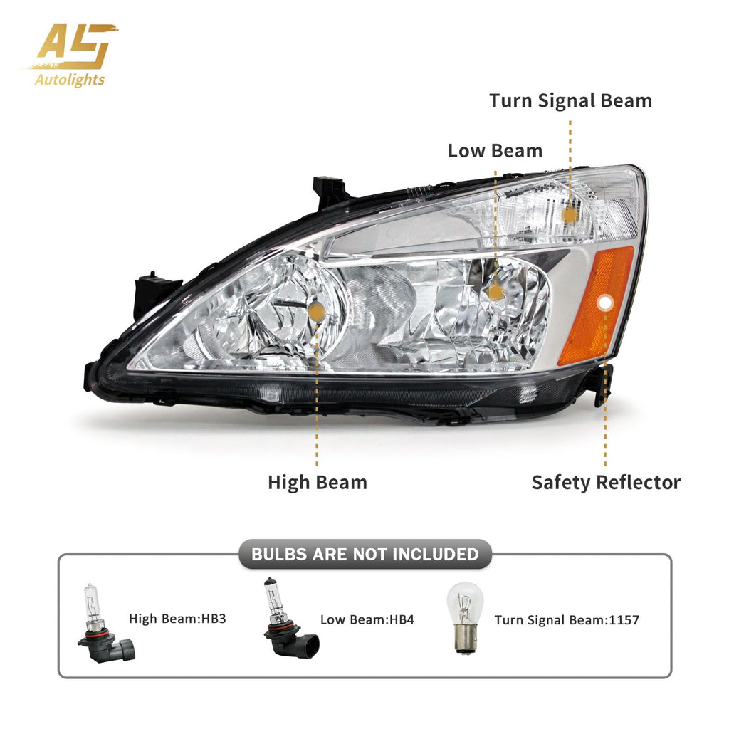 Headlight Assembly for 2003-2007 Honda Accord Chrome Housing Amber Reflector Pair L2063