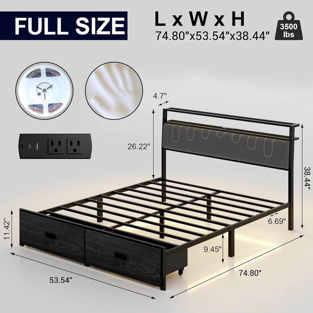Full Bed Frame with 2 Drawers, LED Lights and Charging Station G661365