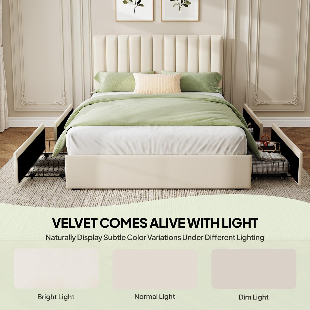 White Full Size Upholstered Bed Frame with Headboard & 4 Drawers M419