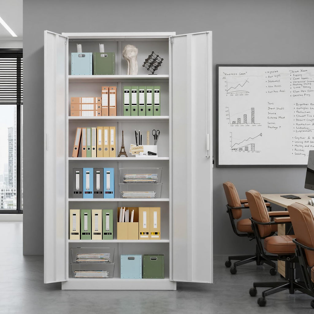 White Metal Storage Cabinet with 2 Doors and 5 Adjustable Shelves S9241