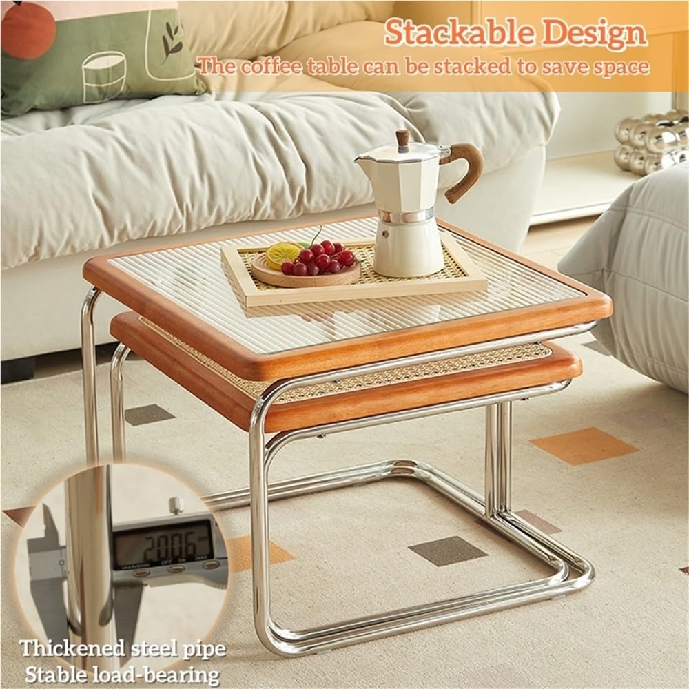 Square Nesting Coffee Table Set of 2 Wooden Rattan Glass Brown U90865