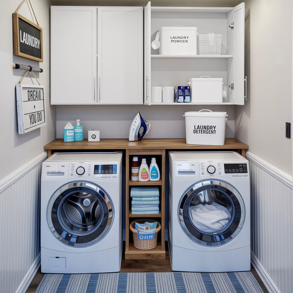 60" W White Laundry Room Wall Cabinets with Adjustable Shelf O289189
