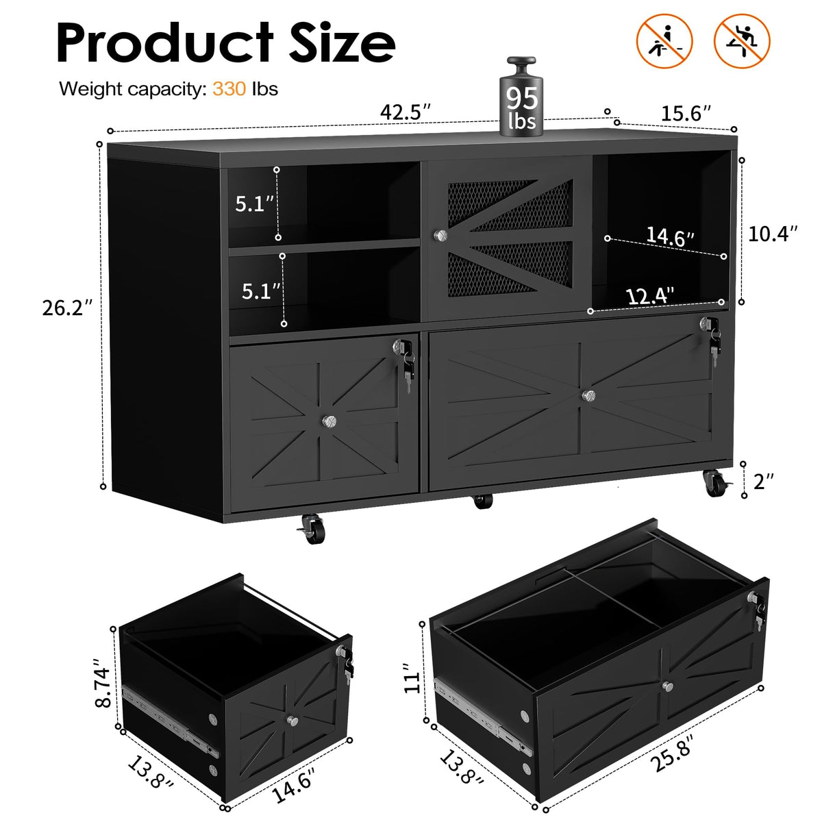 2 Drawer Wood Mobile Lateral File Cabinet with Storage Shelves, Black D135112