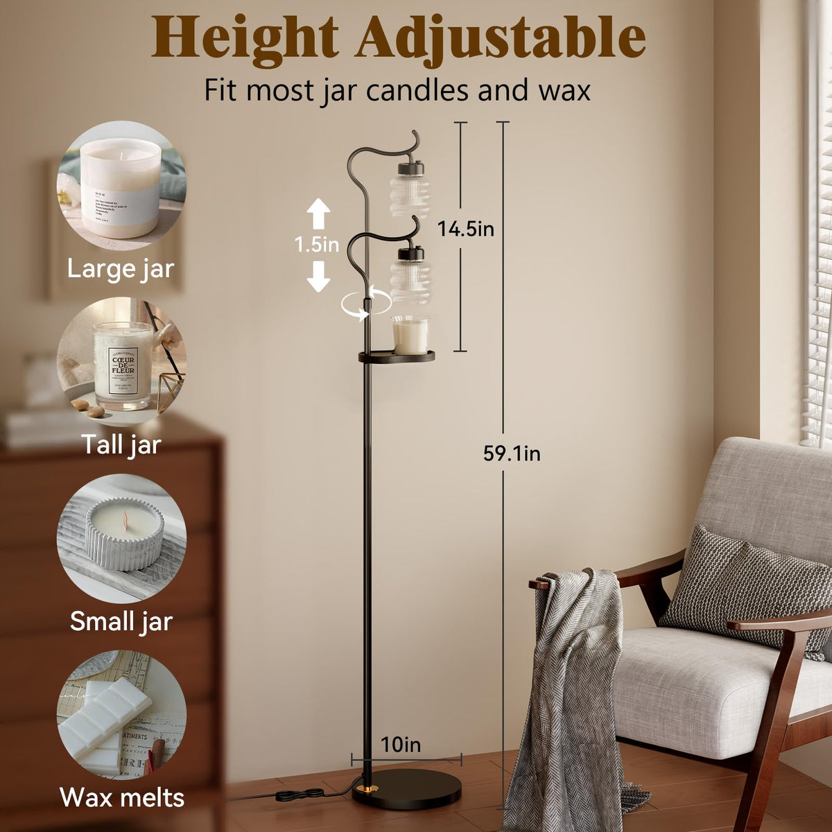 Dimmable Height Adjustable Candle Warmer Floor Lamp with Timer T7248