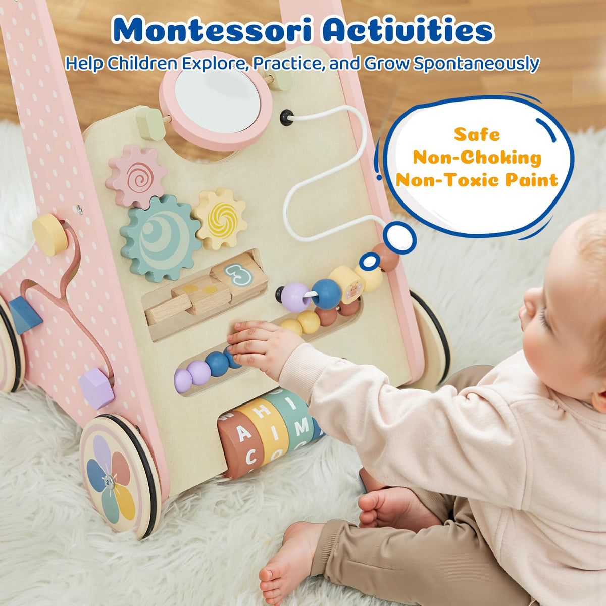 Pink Wooden Baby Walker S6577