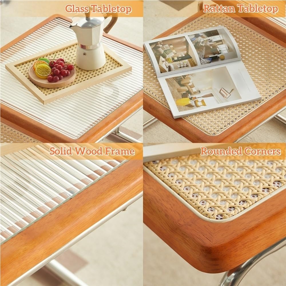 Square Nesting Coffee Table Set of 2 Wooden Rattan Glass Brown U90865