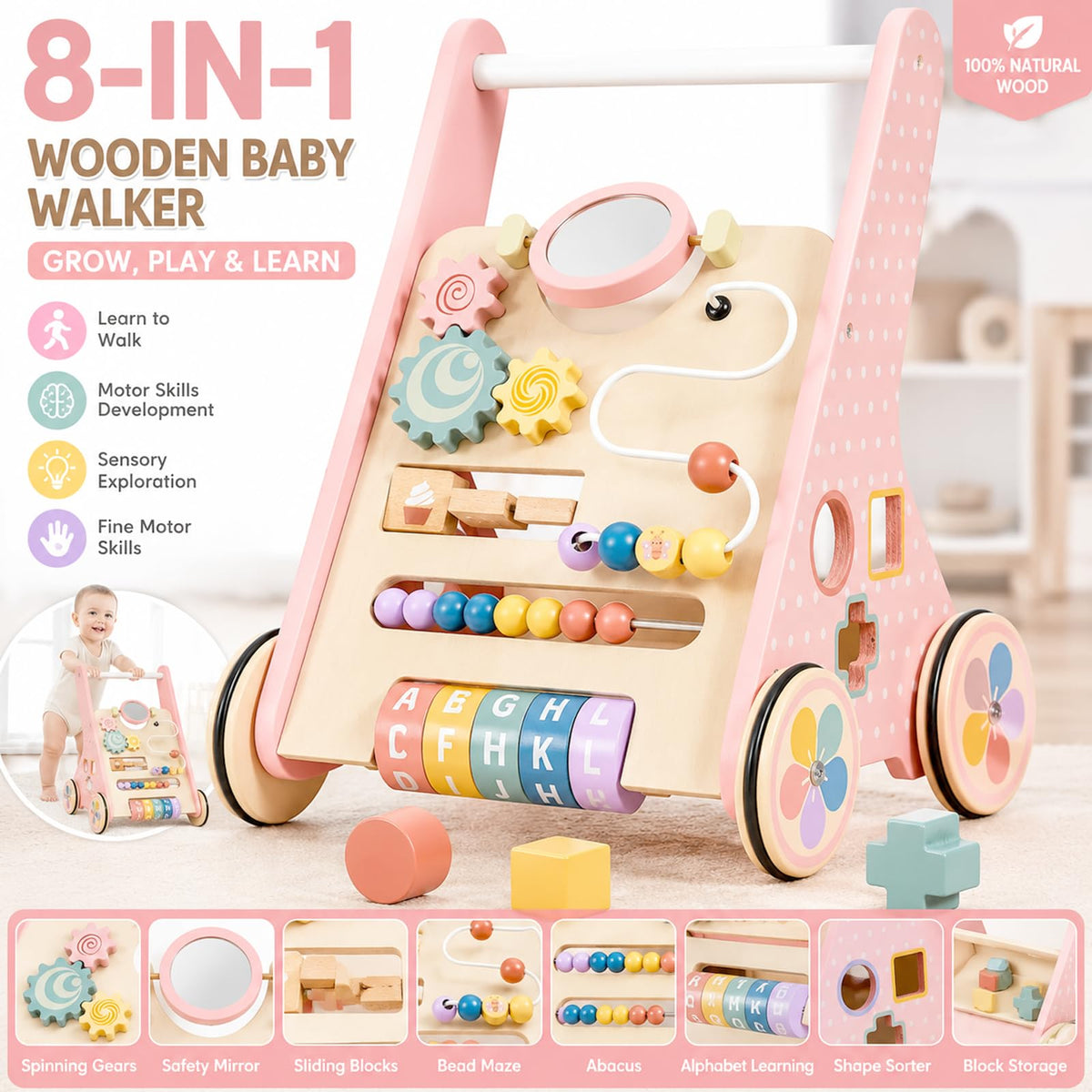 Pink Wooden Baby Walker S6577
