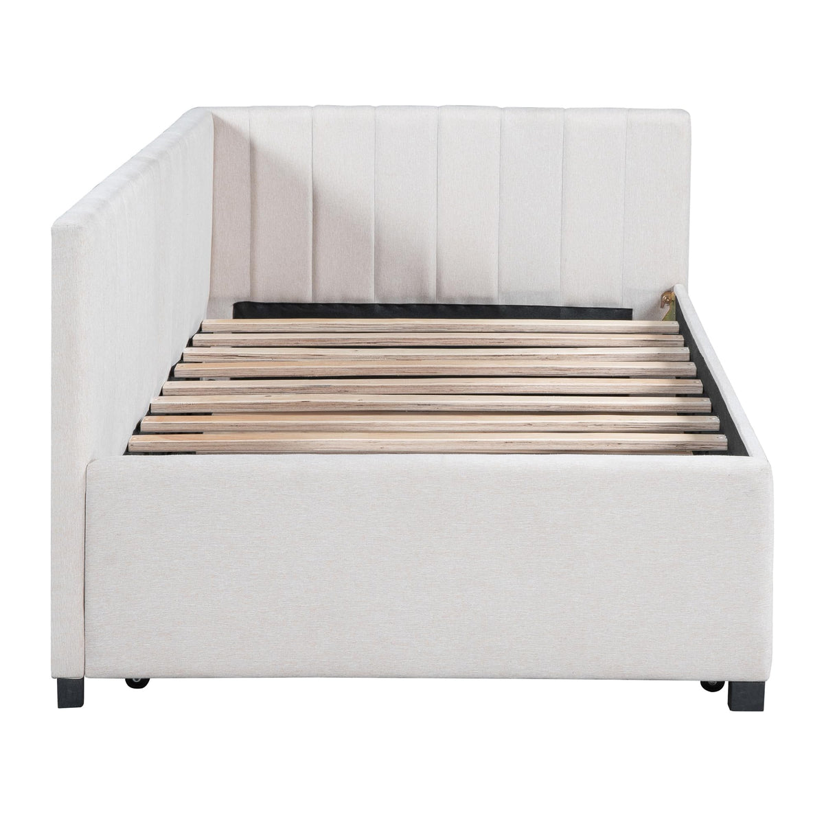 Beige Linen Upholstered Daybed with Trundle Twin Size D115