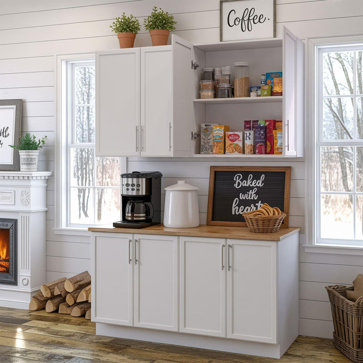 60" W White Laundry Room Wall Cabinets with Adjustable Shelf O289189