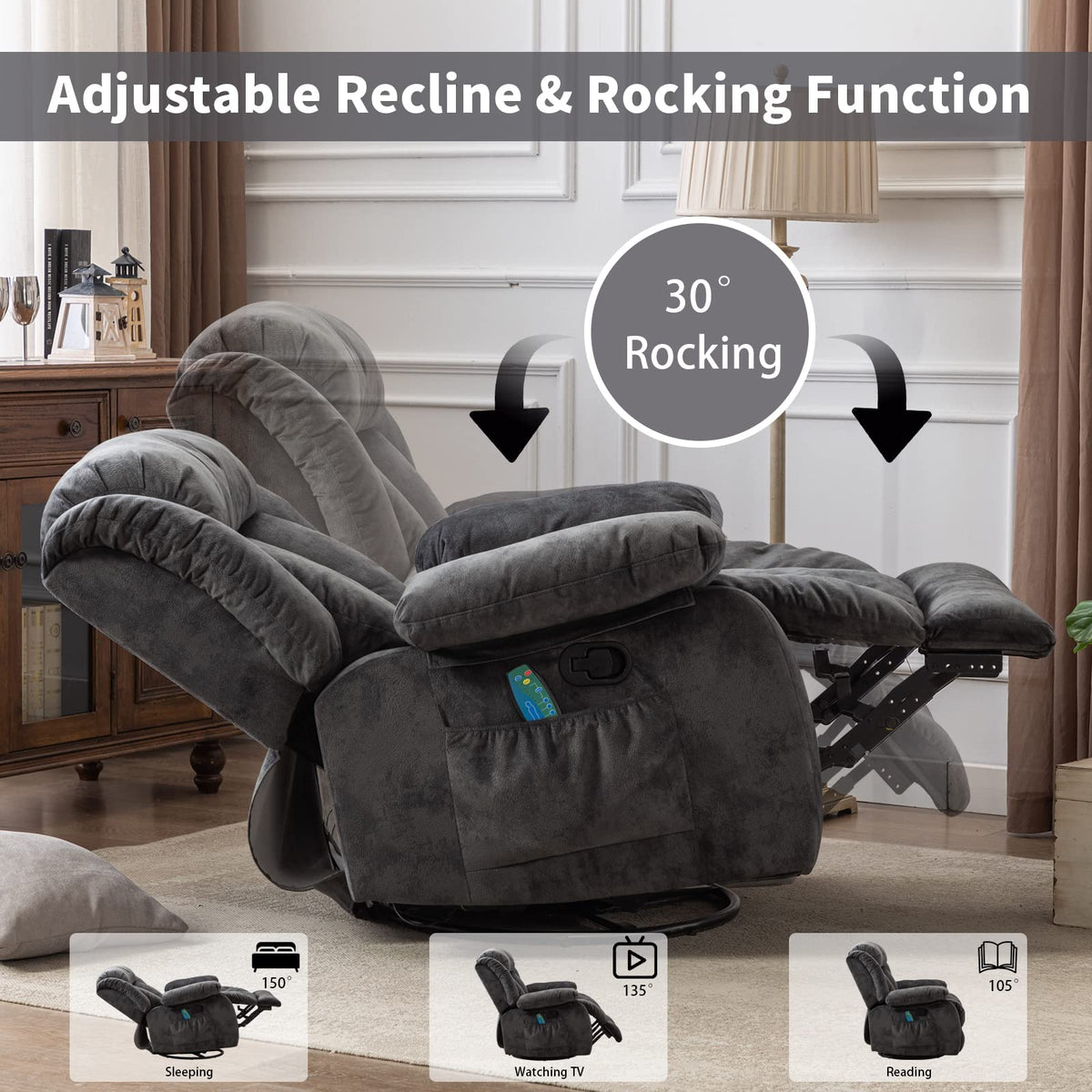 Gray Massage Swivel Rocker Recliner Chair A7766