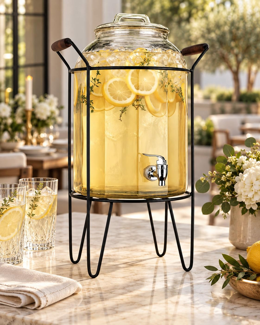 3 Gallon Glass Beverage Dispenser with Glass Lid and Metal Stand G3056