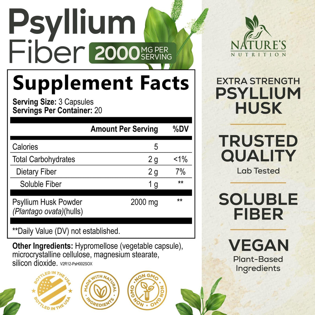 Psyllium Husk Powder 2000mg Fiber Supplement 60 Capsules F35282