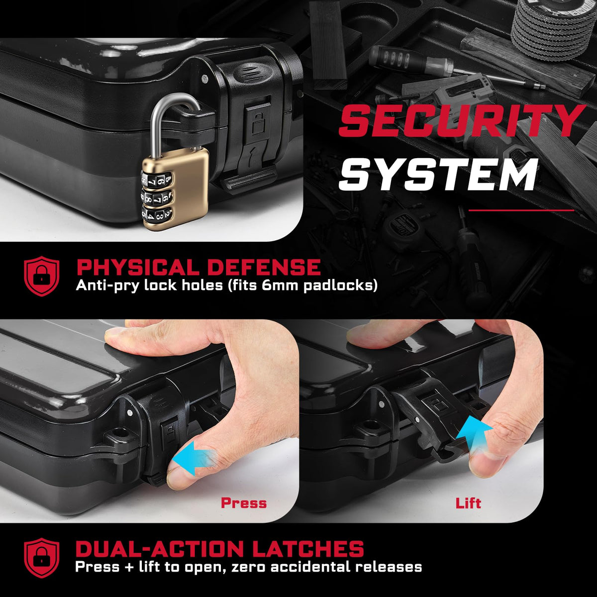 Black Steel Tool Box with Safety Latch and Handle D898