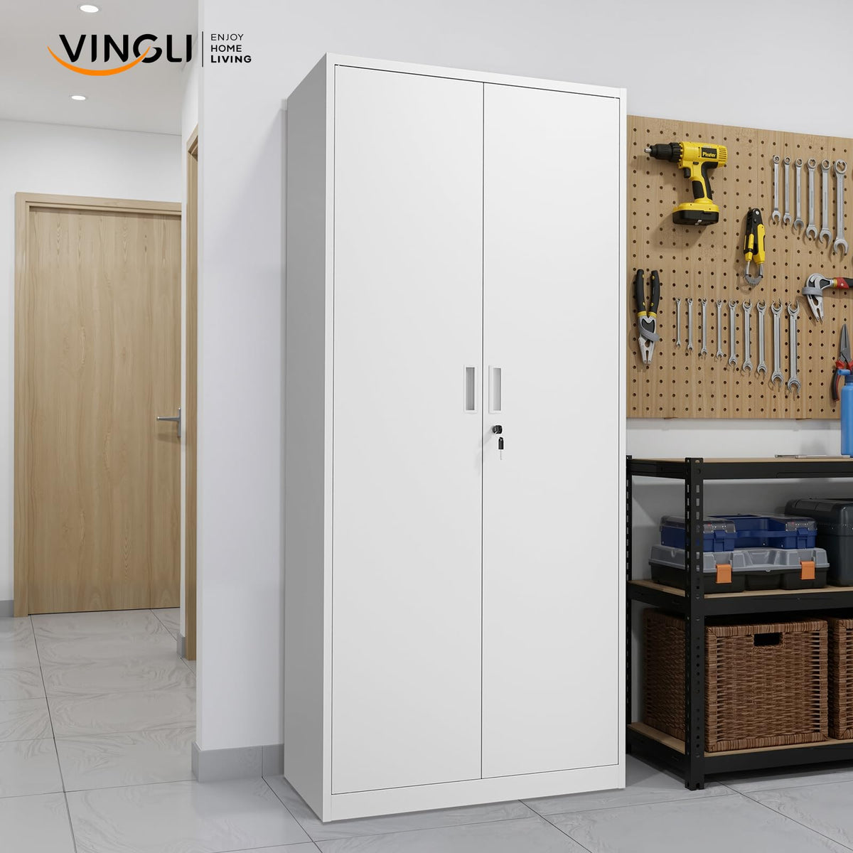 White Metal Storage Cabinet with 2 Doors and 5 Adjustable Shelves S9241