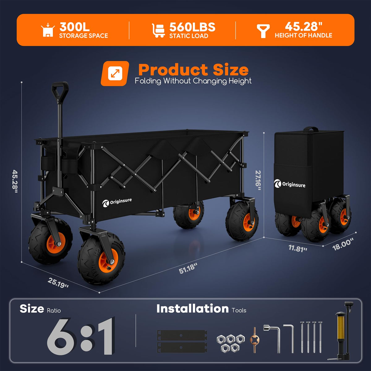 Collapsible Beach Wagon with Balloon Wheels, 560lbs, Black H767