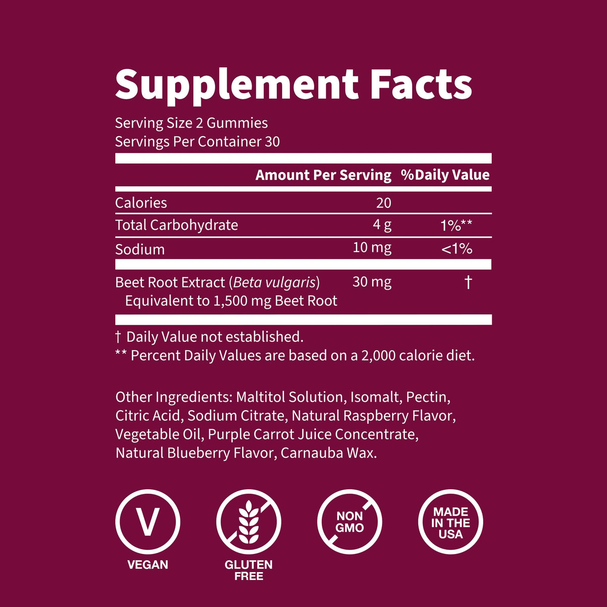 Sugar Free 1500 mg Blueberry Flavor Beet Root Gummies, 60 Ct A226627