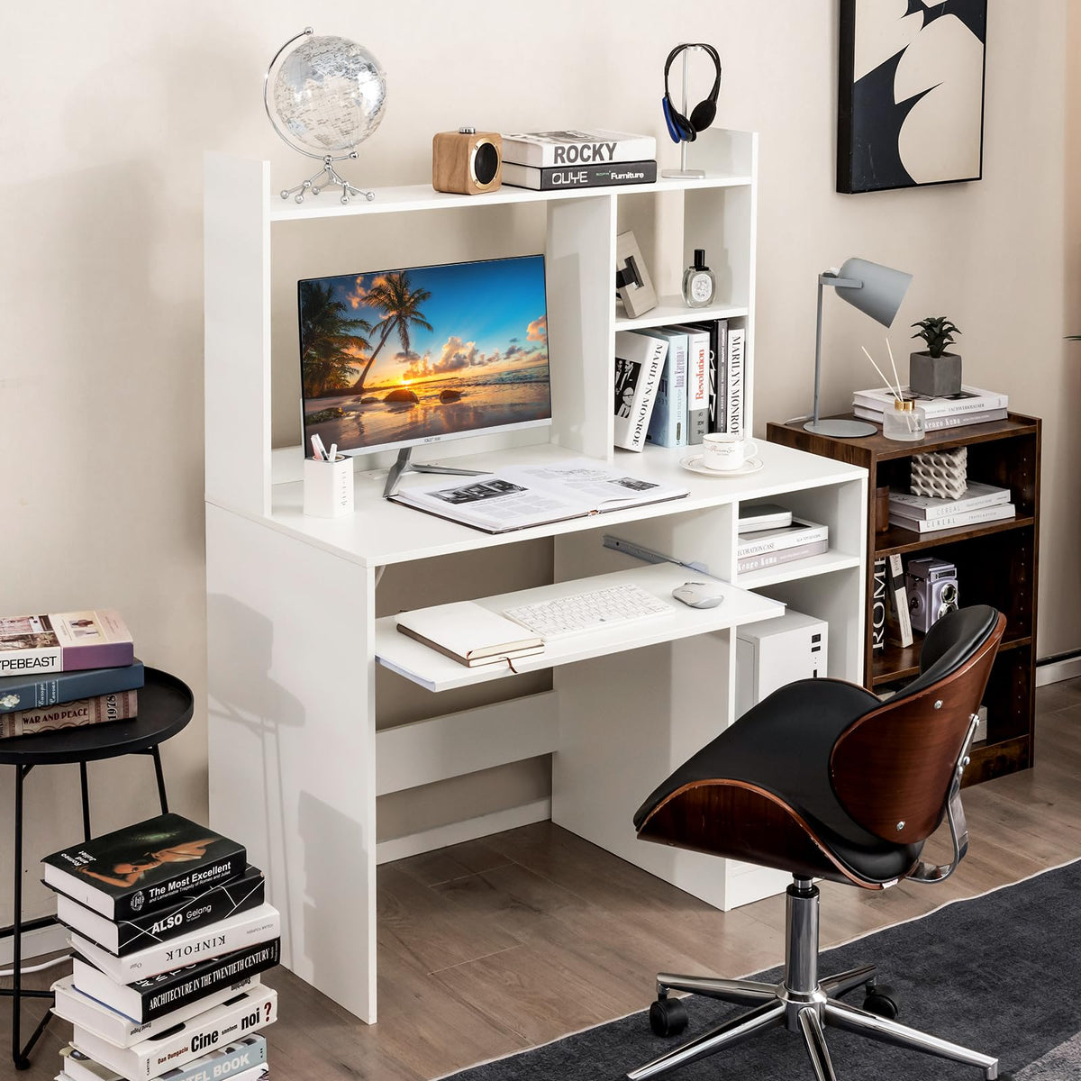 White Computer Desk with Hutch N789