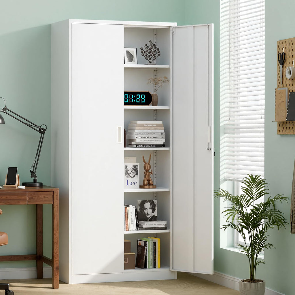White Metal Storage Cabinet with 2 Doors and 5 Adjustable Shelves S9241