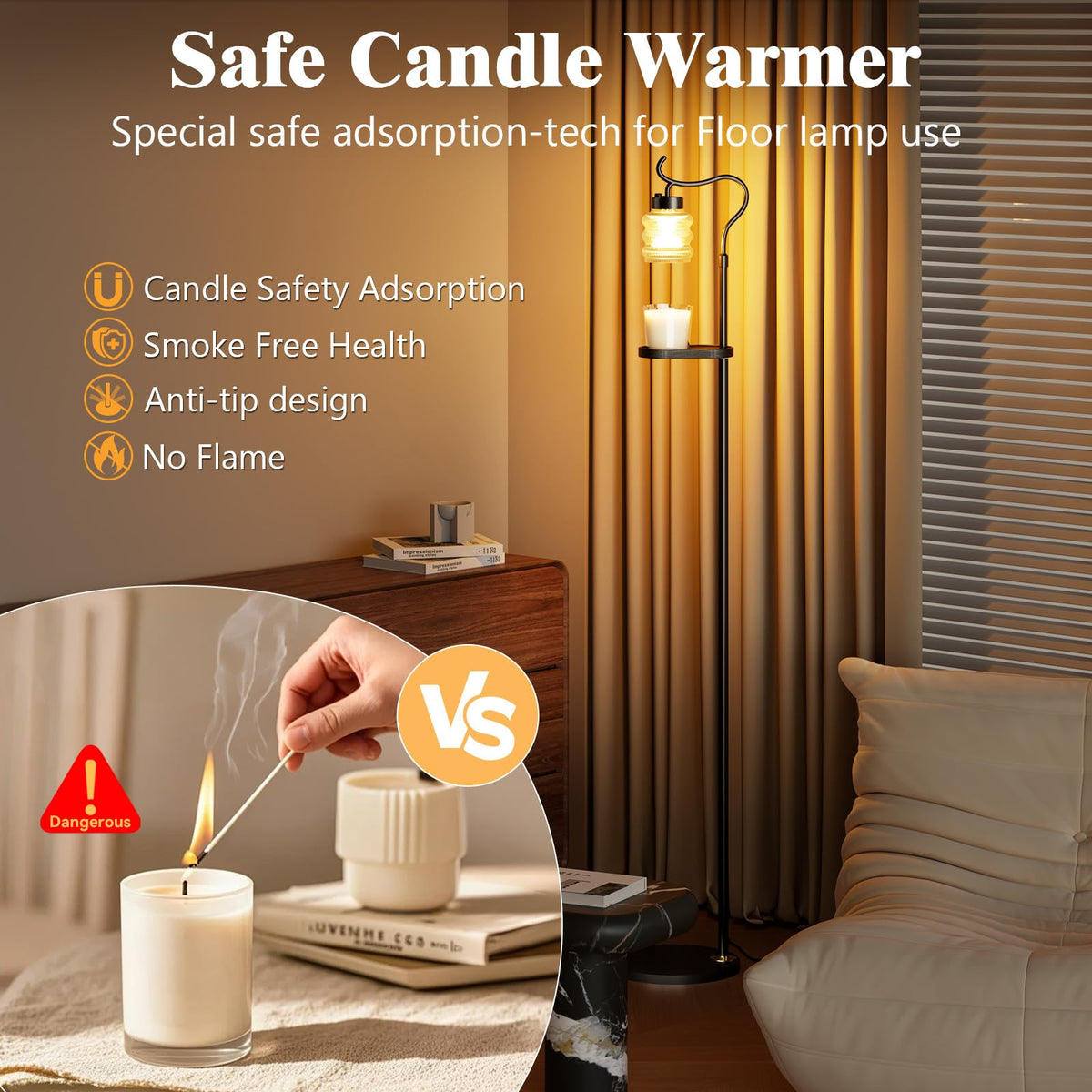 Dimmable Height Adjustable Candle Warmer Floor Lamp with Timer T7248