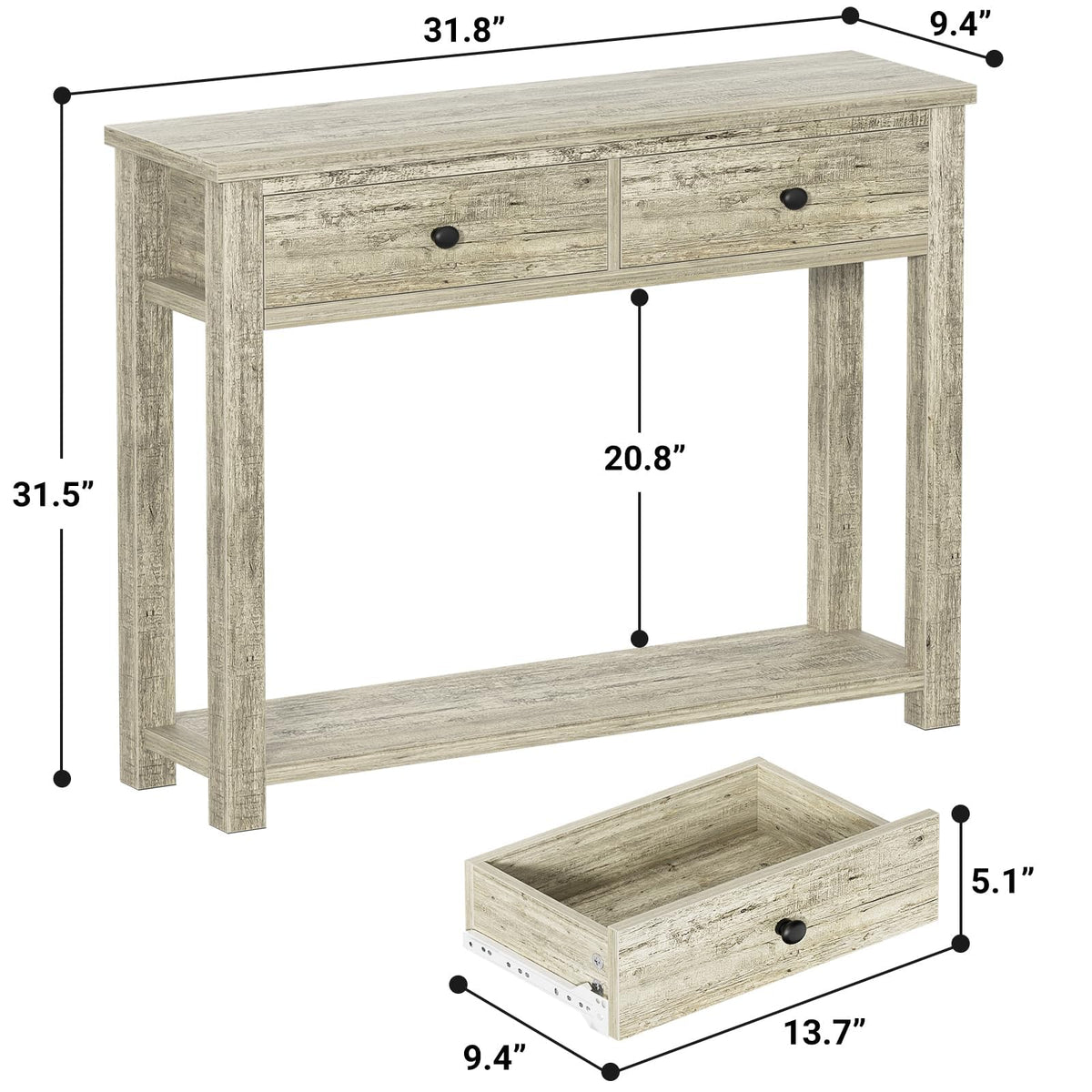 32 Inch Light Rustic Oak Console Table with 2 Drawers Q285310