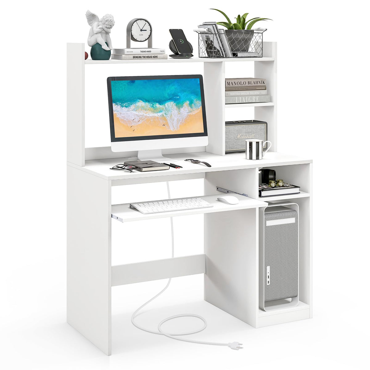 White Computer Desk with Hutch N789