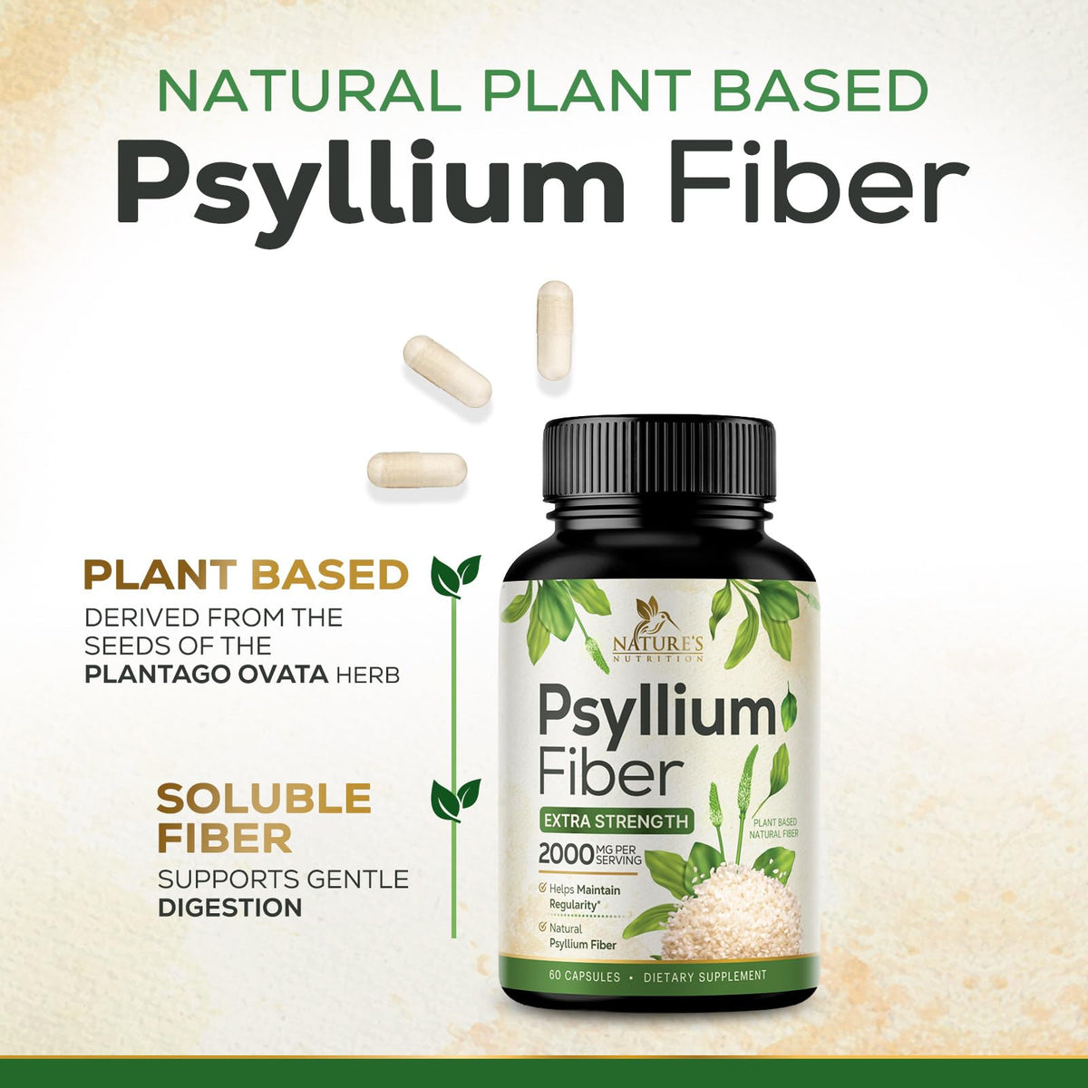 Psyllium Husk Powder 2000mg Fiber Supplement 60 Capsules F35282