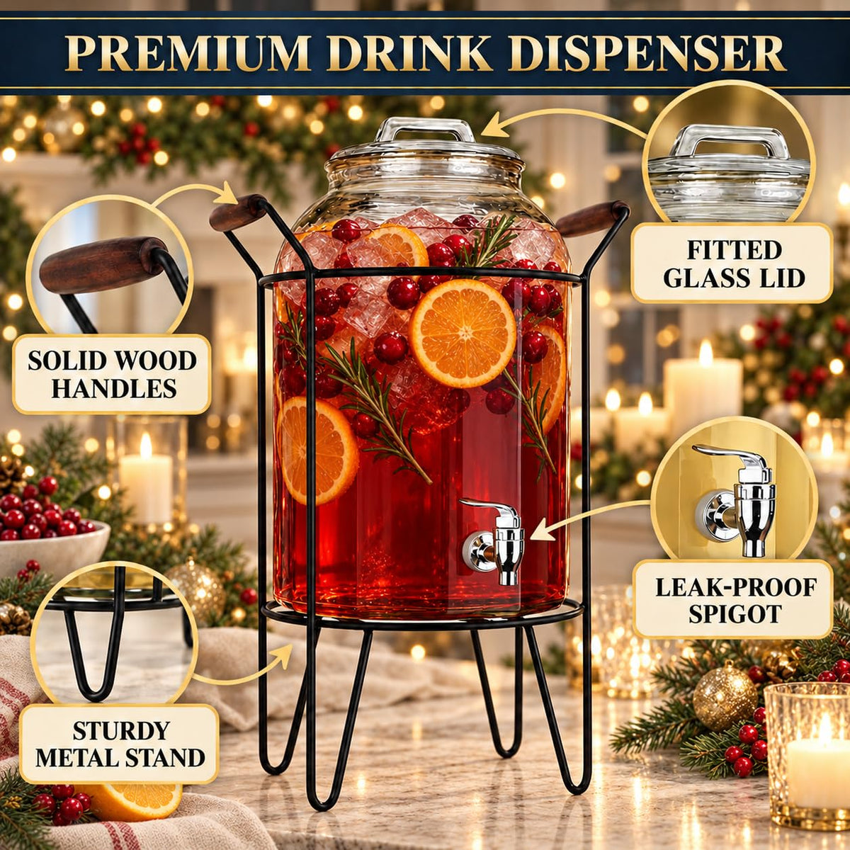 3 Gallon Glass Beverage Dispenser with Glass Lid and Metal Stand G3056