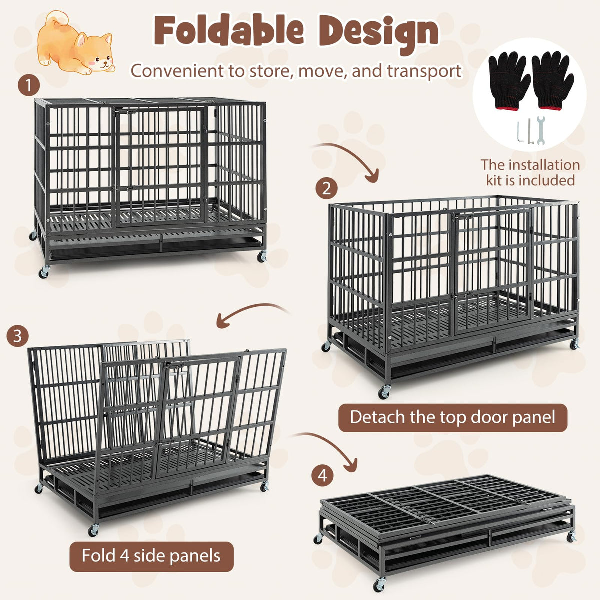 48 Inch Foldable Metal Dog Crate with 2 Lockable Doors A794050