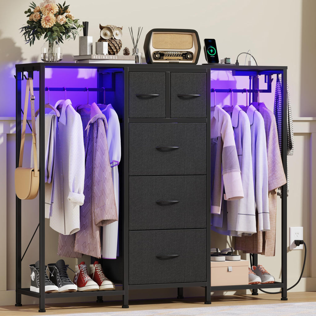 Black 5-Drawer Dresser with 2 Hanging Racks N41408