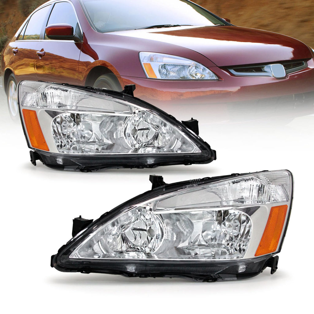 Headlight Assembly for 2003-2007 Honda Accord Chrome Housing Amber Reflector Pair L2063