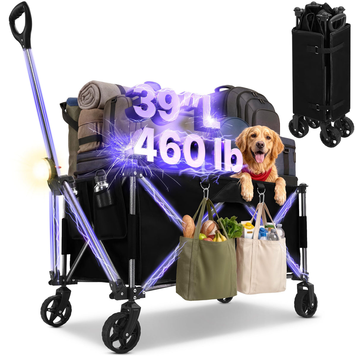 39" Collapsible Wagon with All-Terrain Wheels, 460 lbs Foldable Cart, Black A5368