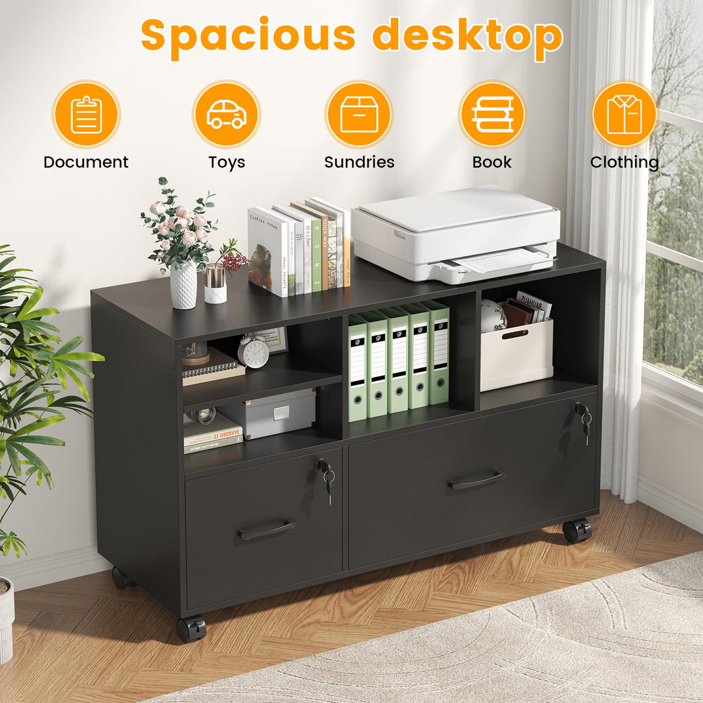 2 Drawer Wood Mobile Lateral File Cabinet with Storage Shelves, Black D135112