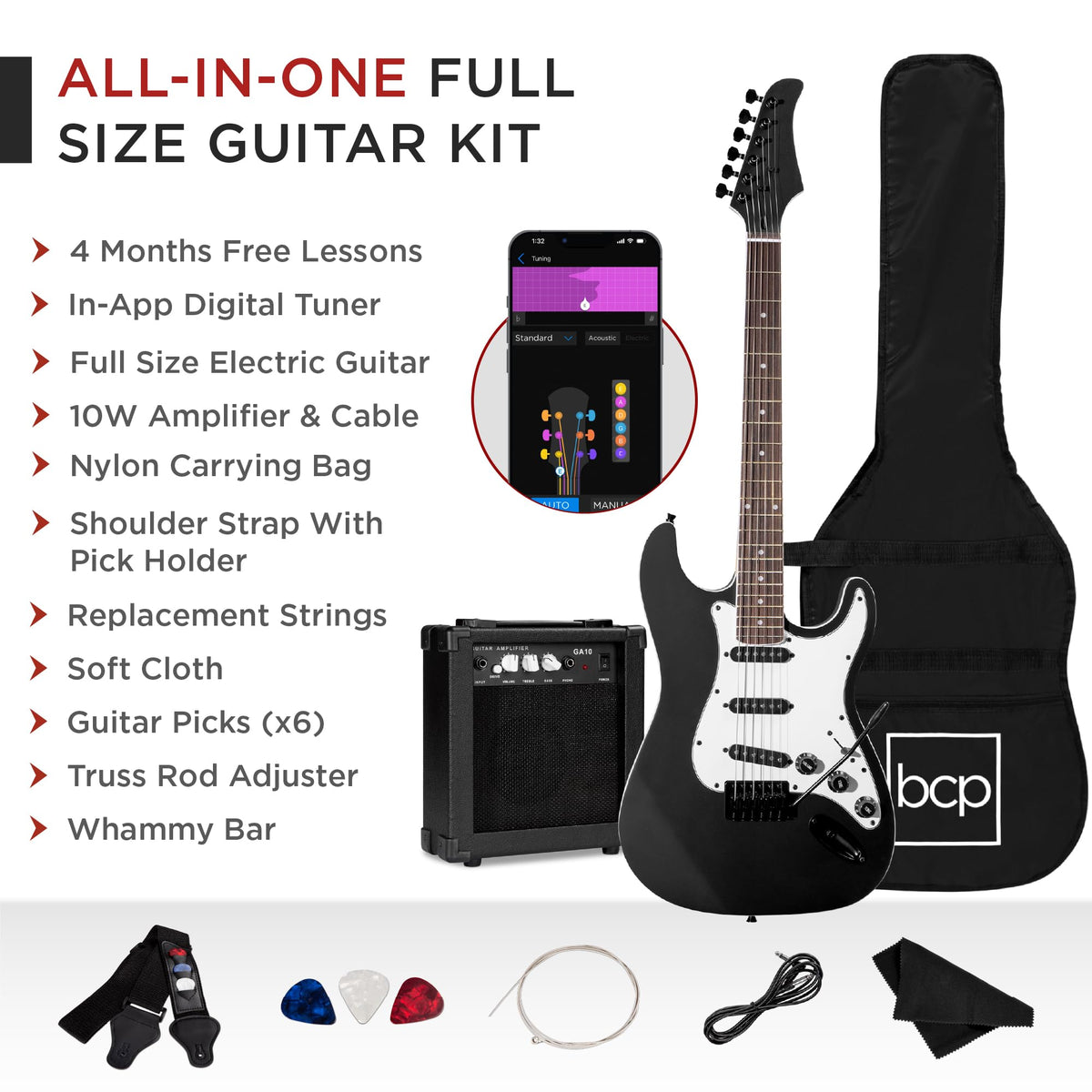 39in Full Size Beginner Electric Guitar Starter Kit with Case, Amp, Strings, Pick - Jet Black J3740