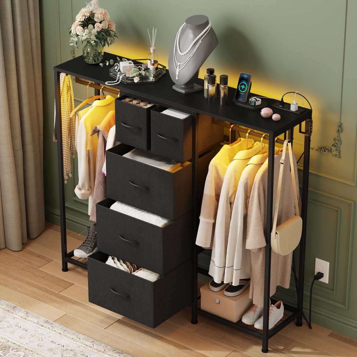 Black 5-Drawer Dresser with 2 Hanging Racks N41408