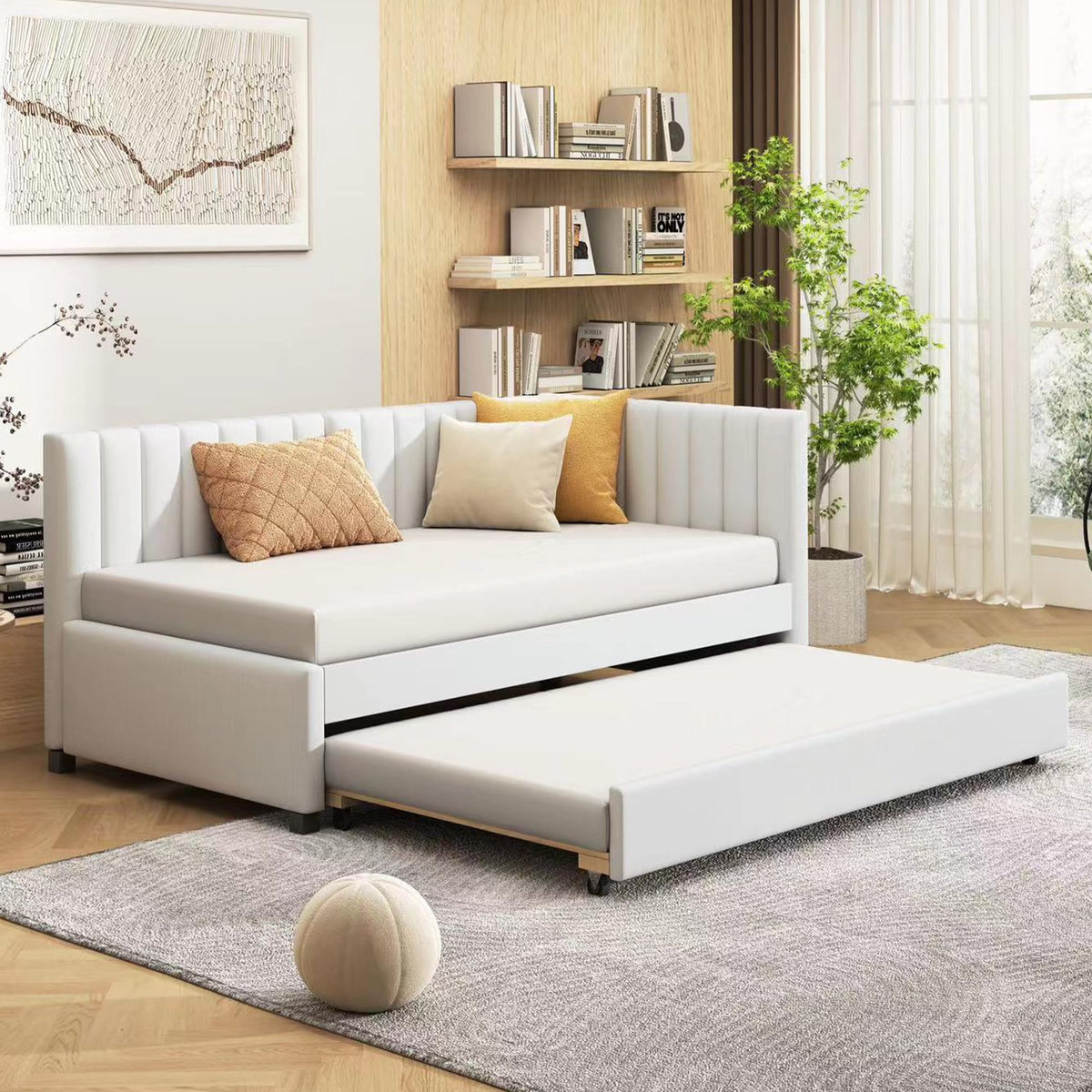 Beige Linen Upholstered Daybed with Trundle Twin Size D115
