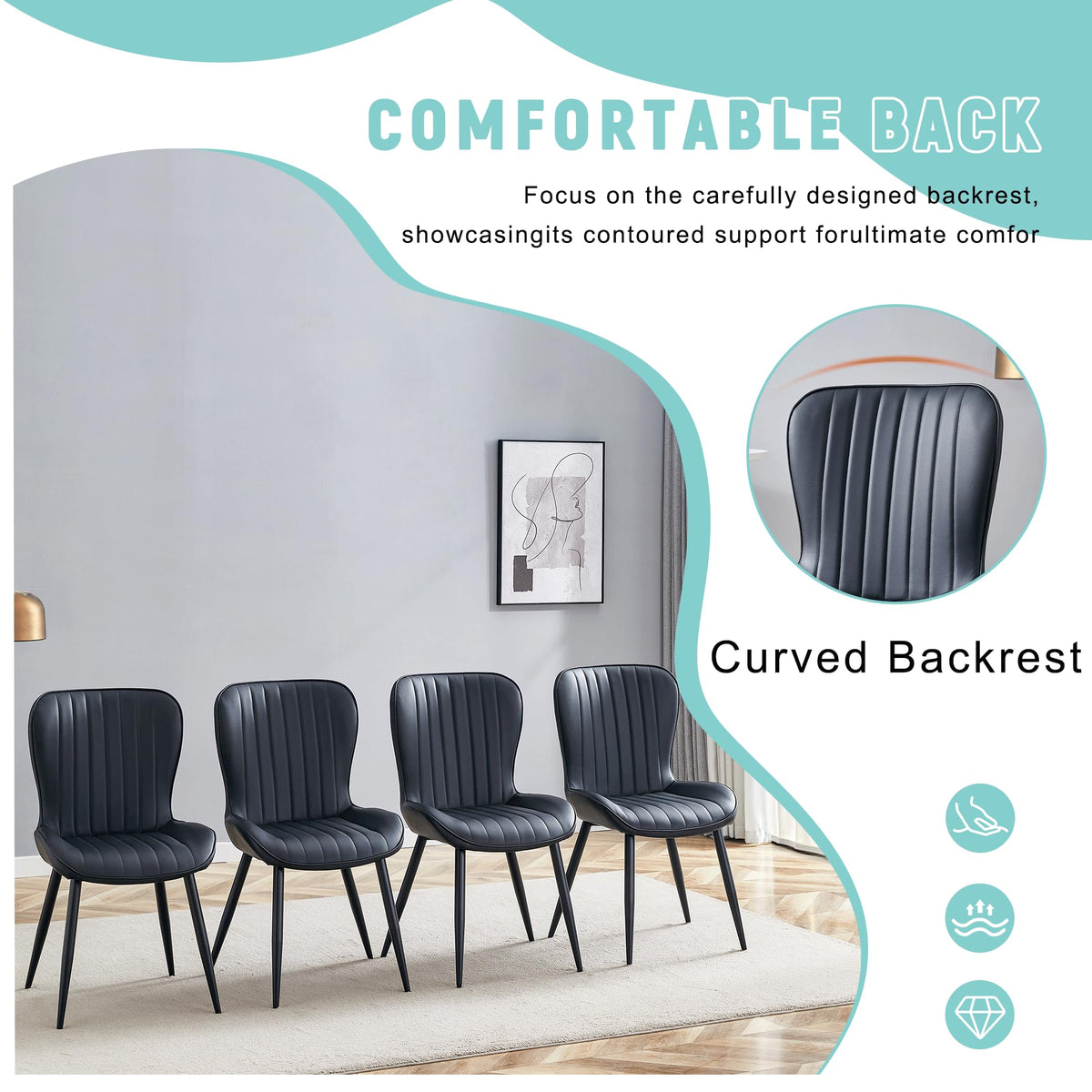 Black Dining Chairs Set of 4 PU Leather Metal Leg R8262